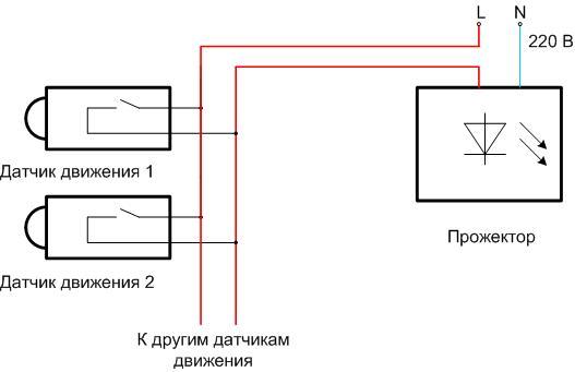 Схема за свързване на сензора за движение към LED прожектора