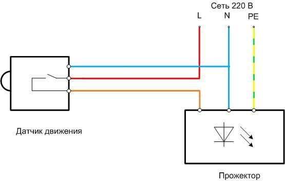 Схема за свързване на сензора за движение към LED прожектора