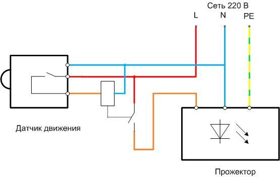 Схема за свързване на сензора за движение към LED прожектора